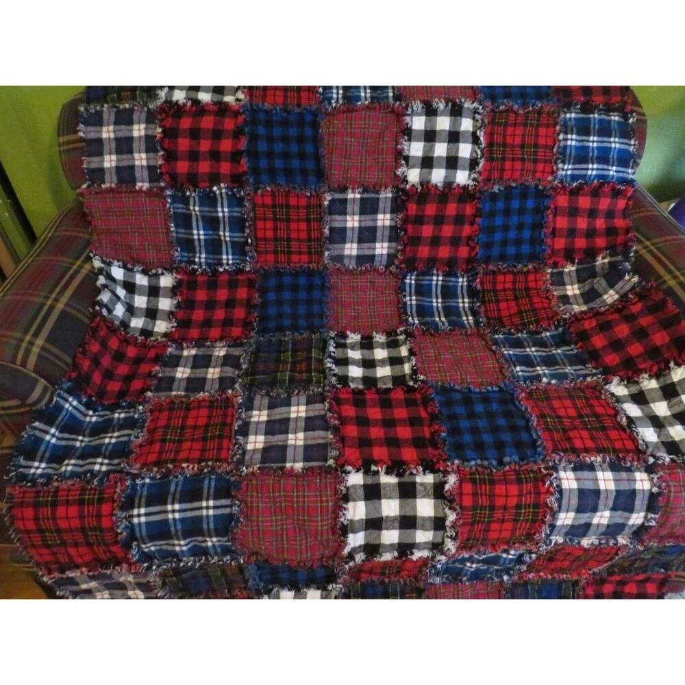 Flannel Rag Quilt With Batting, 50x64,Red, Blue, Black Plaid
